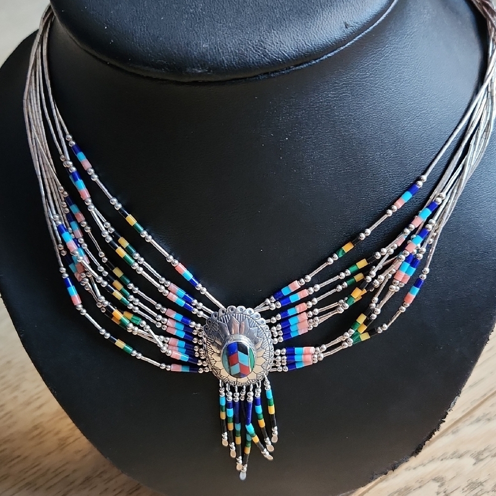 Vintage Native American Sterling  Multi-Strand  Liquid Bead Necklace